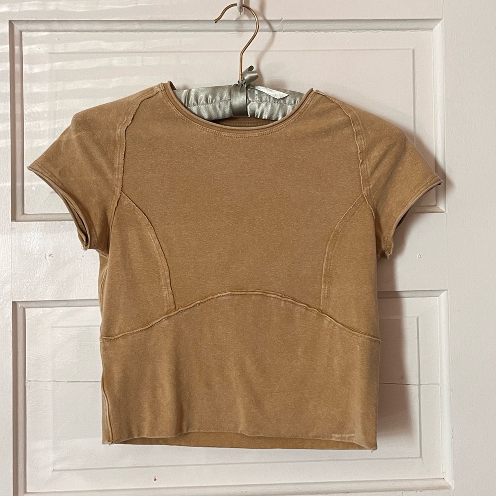 Free People “Protagonist” Tan Short Sleeve Seam-Panel Tee